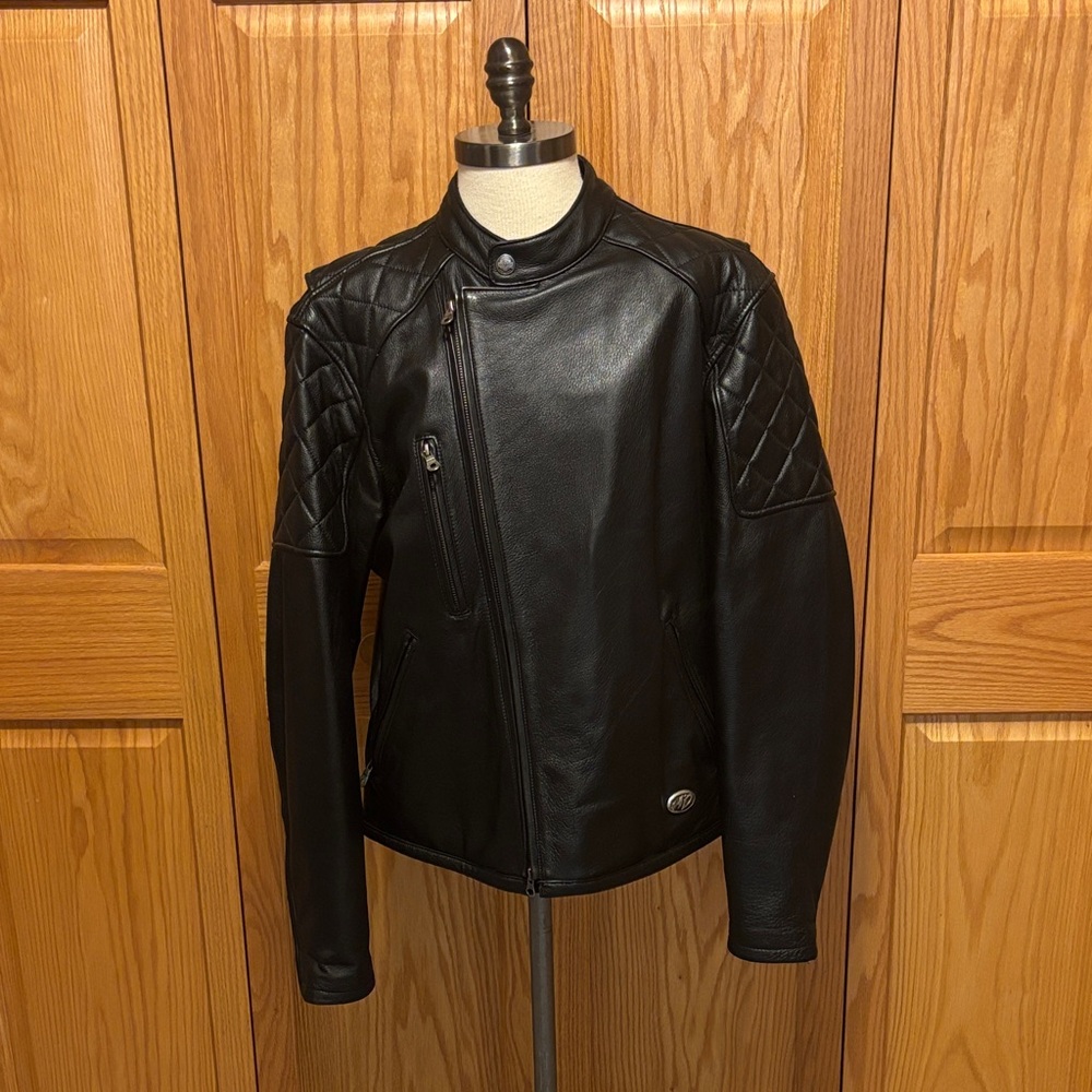 Harley-Davidson Black Leather Jacket with Gold & White Eagle Patch